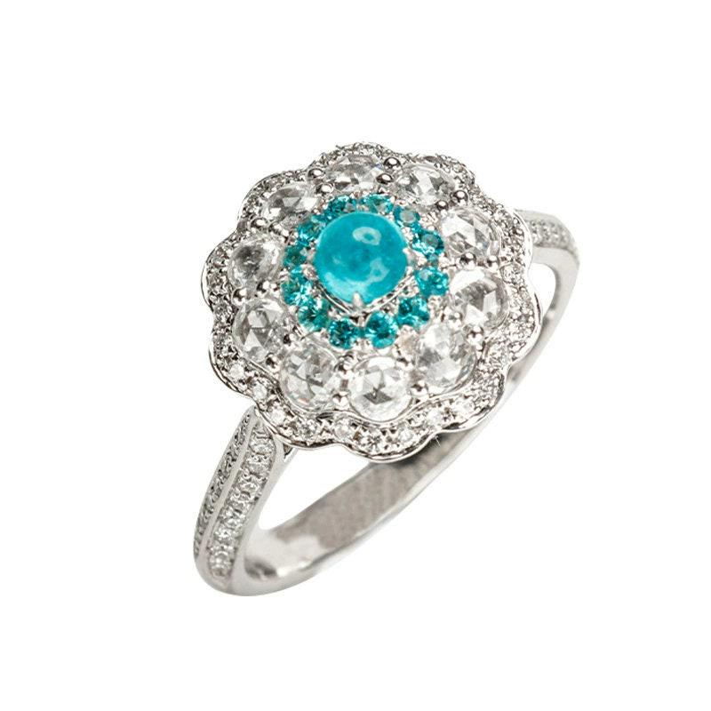 Cluster Desgin Paraiba Tourmaline Double Halo Platinum 950 Ring