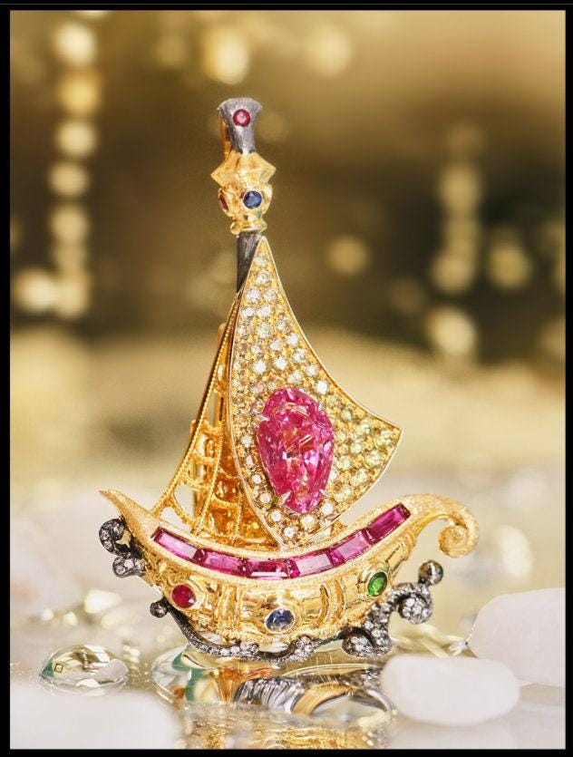 Pink Spinel Sapphire Boat Design Necklace & Brooch in 18K Gold