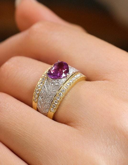1.7ct Pink Sapphire Heart-Shaped Engraved Ring in 18K Two Tone Gold