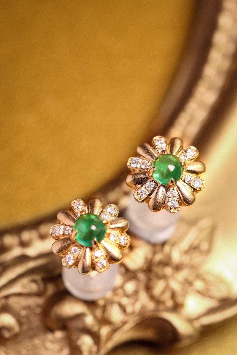 Daisy Emerald Cabochon Cut & Diamond Studs in 18K Yellow Gold