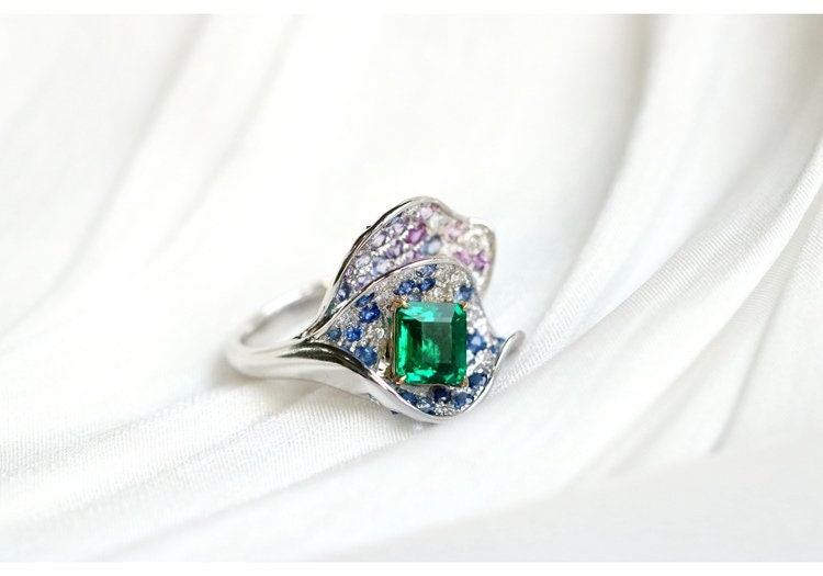 Alocasia Design Emerald & Sapphire Statement Ring in 18K Gold