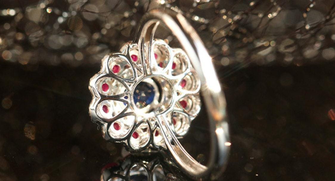 Vintage Sapphire Double Halo 18K Gold Ring with Pink Ruby