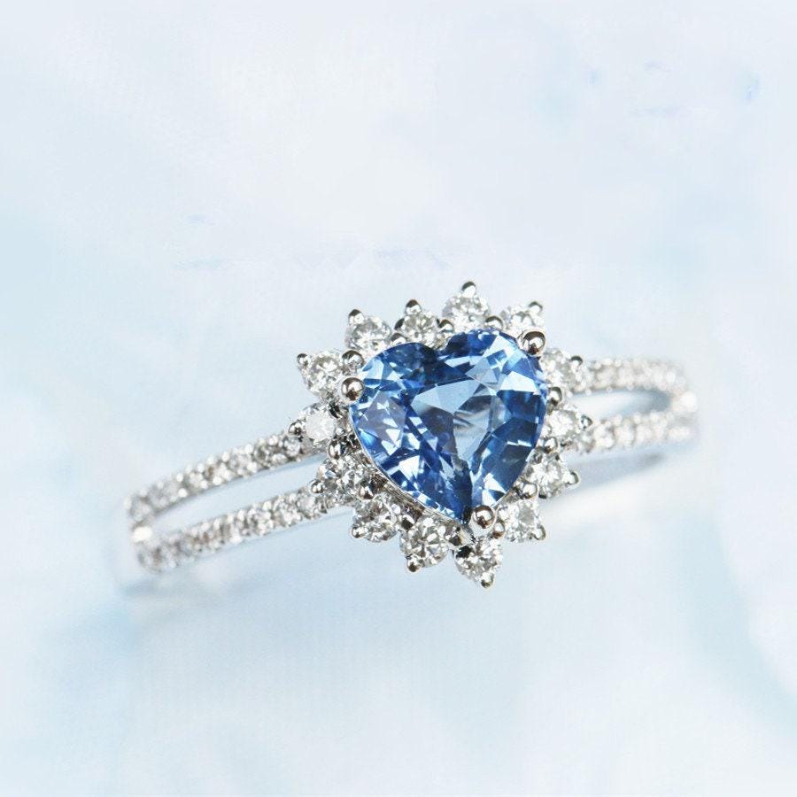 Heart-Shaped Blue Sapphire Diamonds Ring - 18K White Gold