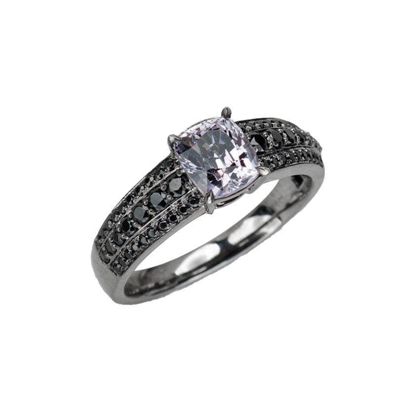 Metal Grey Spinel & Black Diamonds Ring in 18K Black Gold