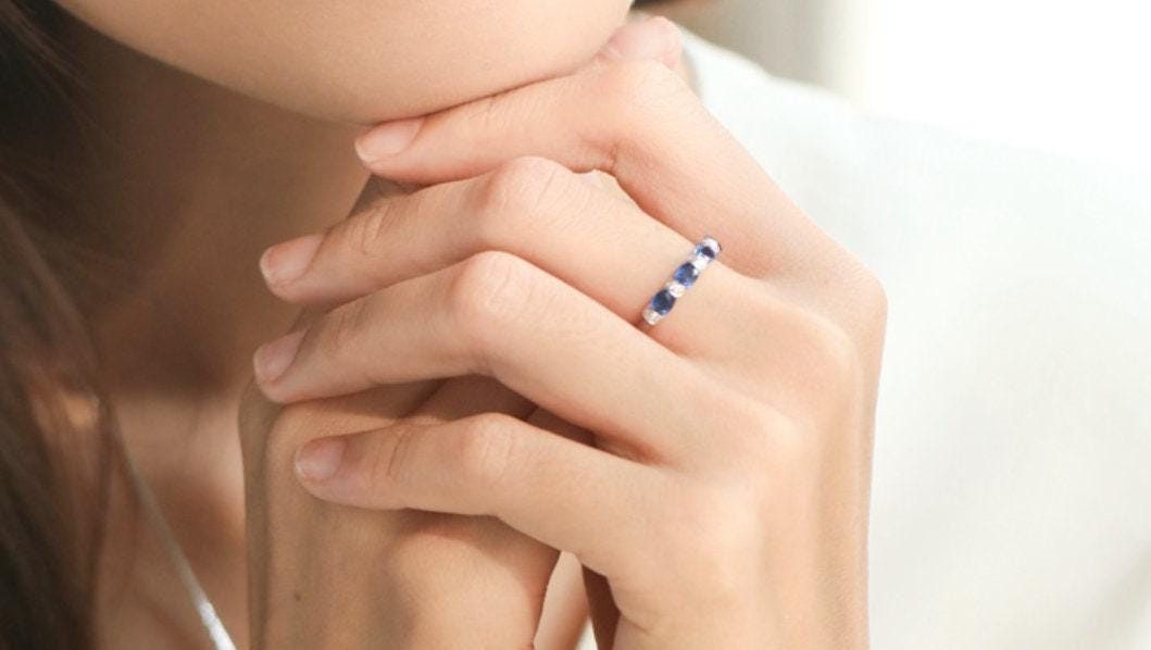Four Blue Sapphire & Chaneel Diamond Ring in 18K White Gold
