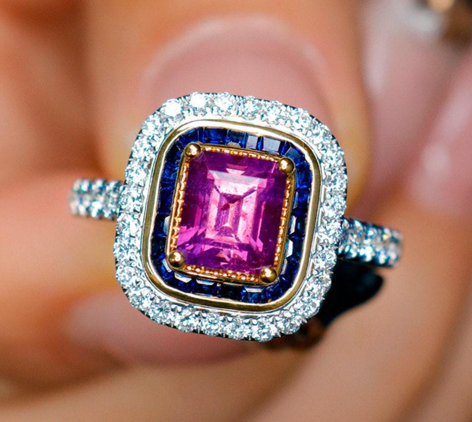 1.52ct Purple Blue Sapphire 18K Gold Ring with Double Halo Diamonds