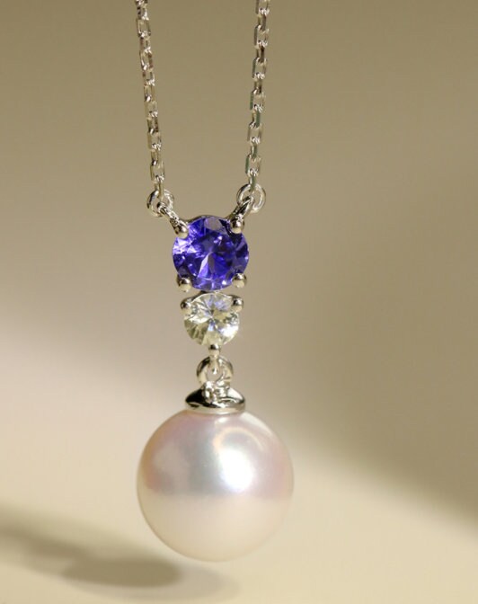Blue Tanzanite & 8mm Akoya Pearl Necklace in 18K White Gold