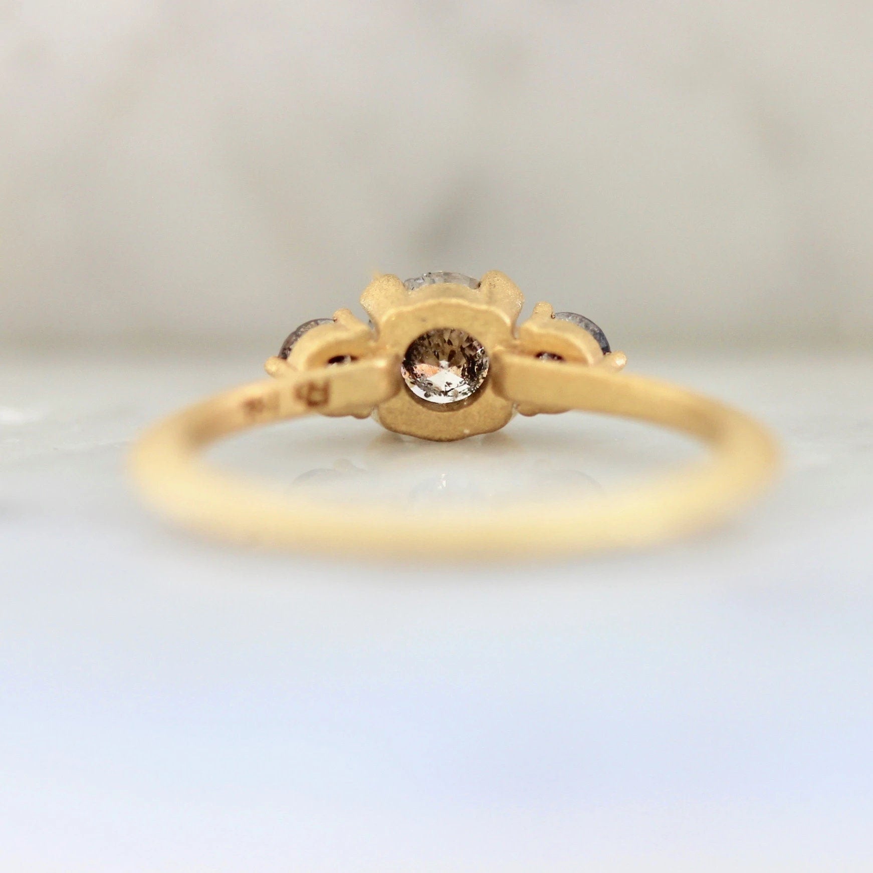 Three Stone Salt & Pepper Diamond Horizontal Stone 18K Gold Engagement Ring