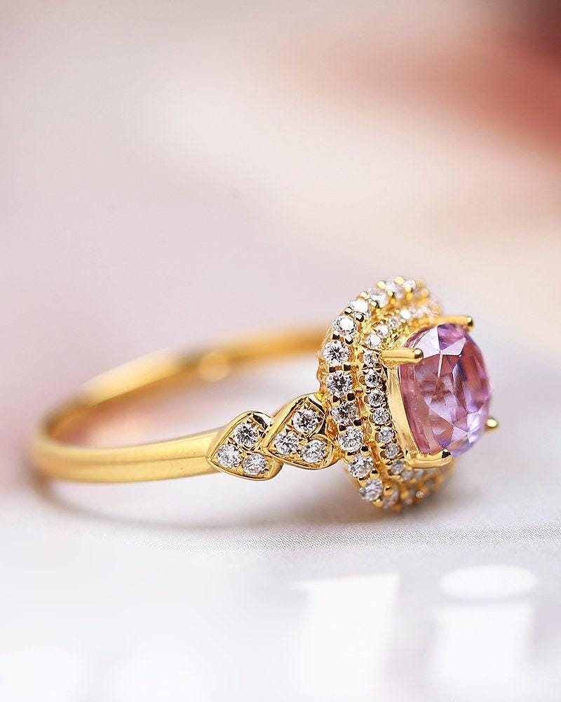 1.17ct Purple Violet Spinel Cushion Ring with Diamond in 18K Gold