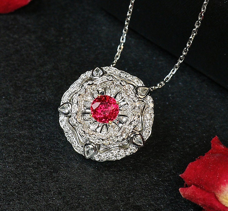 1.03ct Pigeon Blood Round Ballerina Pendant in 18K White Gold