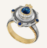 Sundial Blue Sapphire Engraved Men's Ring in 18K Gold