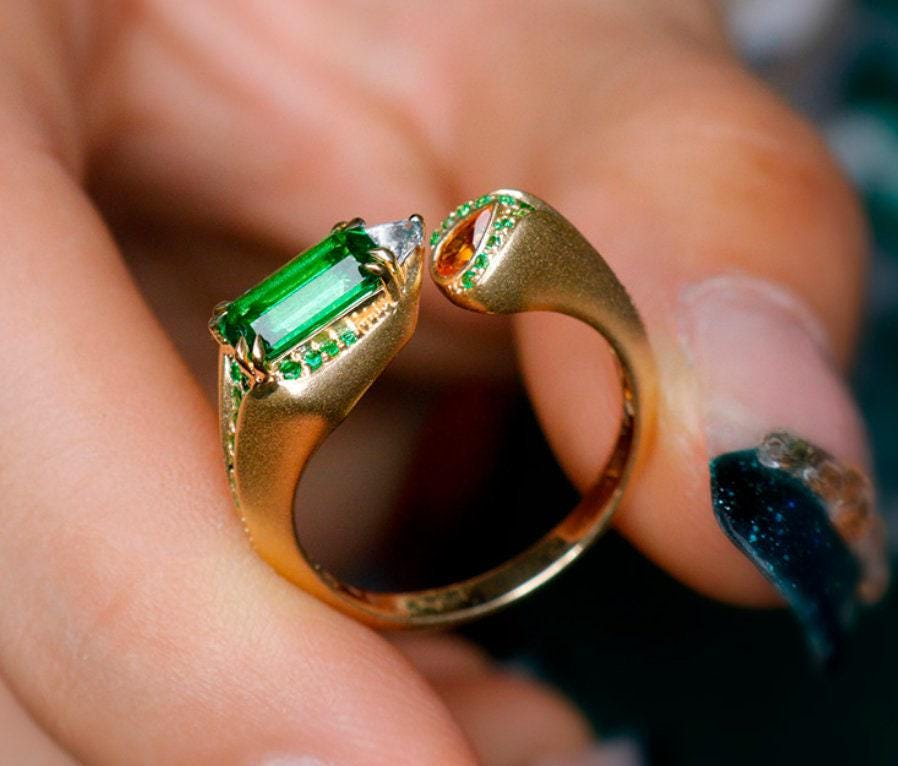 Tsavorite Emerald Cut & Fanta Garnet Ring in 18K Yellow Ring
