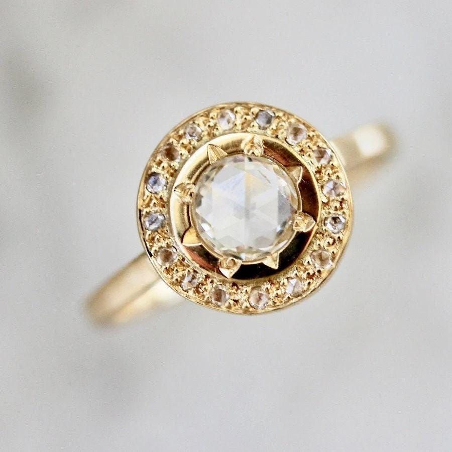 White Diamond Round Rose Cut Diamond Ring in 18K Yellow Gold