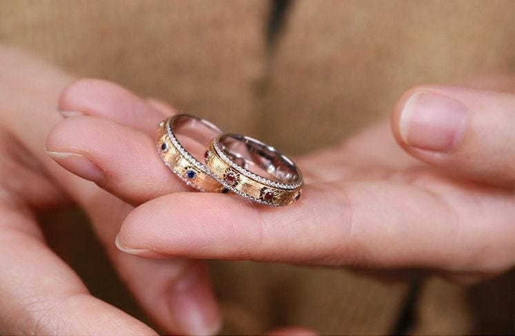 Ruby & Blue Sapphire Ring with Diamonds in 18K Yellow Gold