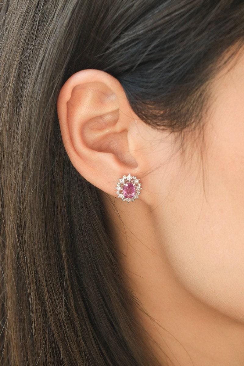 Pink Sapphire 18K White Gold Studs Earrings with Diamonds