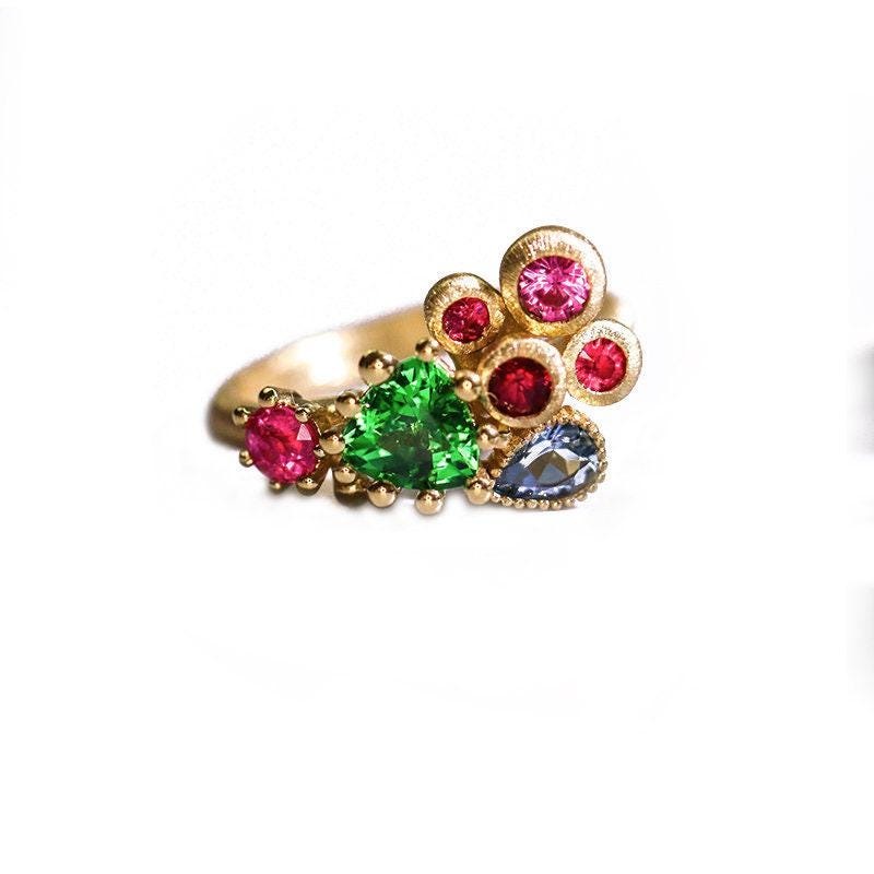 Tsavorite Trillion Cut Brushed Finish Ring with Sapphire in 18K Gold