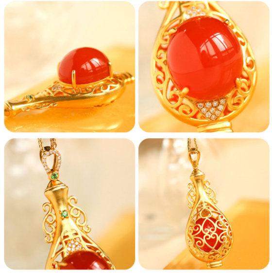 18K Yellow Gold Round Southern Red Agate Diamond Necklace