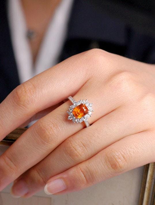 3.3ct Fanta Garnet Diamond Ring - 18K White Gold
