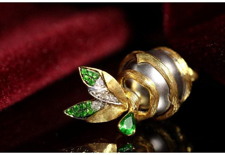 Plant Inspired Tsavorite Italian Crafted Necklace - 18K Two Tone Gold