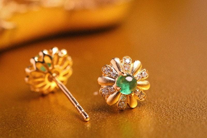 Daisy Emerald Cabochon Cut & Diamond Studs in 18K Yellow Gold