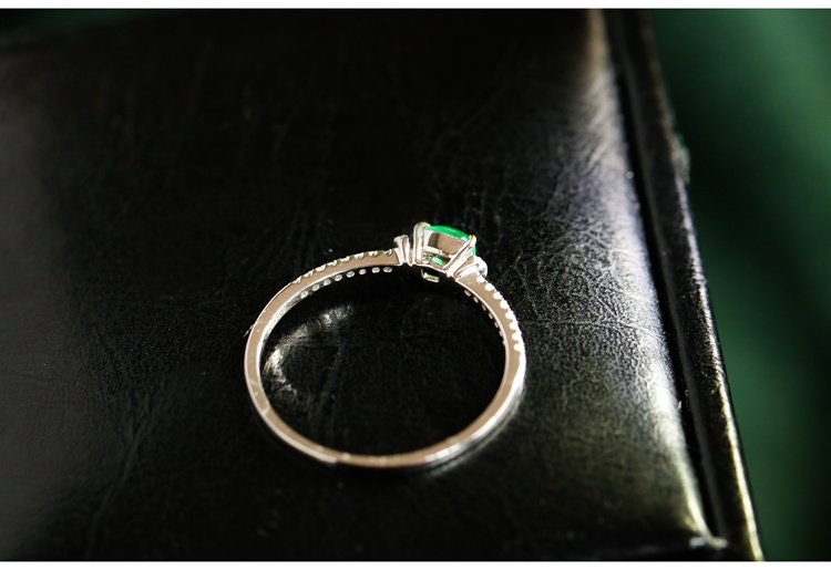Emerald Oval Cabochon & Diamond Ring in 18K White Gold