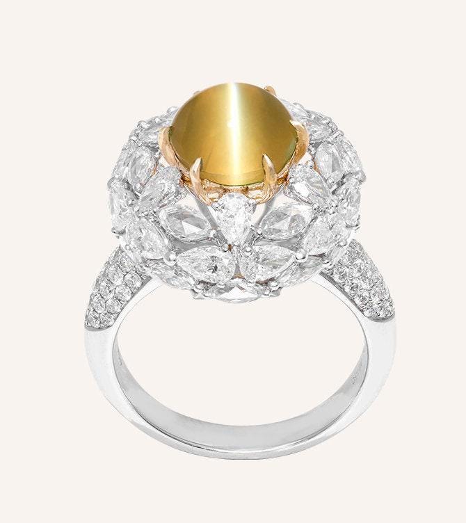 2 Style + Chrysoberyl Cat's Eye Gemstone & Cluster Diamond Ring in Platinum 950