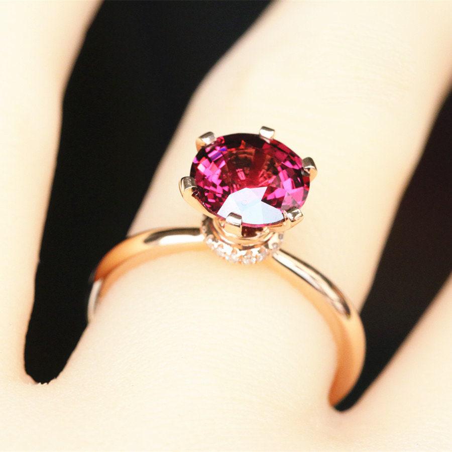 Peach Red Garnet Round Engagement Ring -  18K Yellow Gold