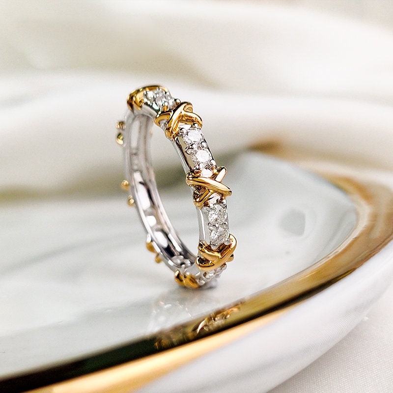 Cross Design White Diamond Ring Band in 18K White Gold