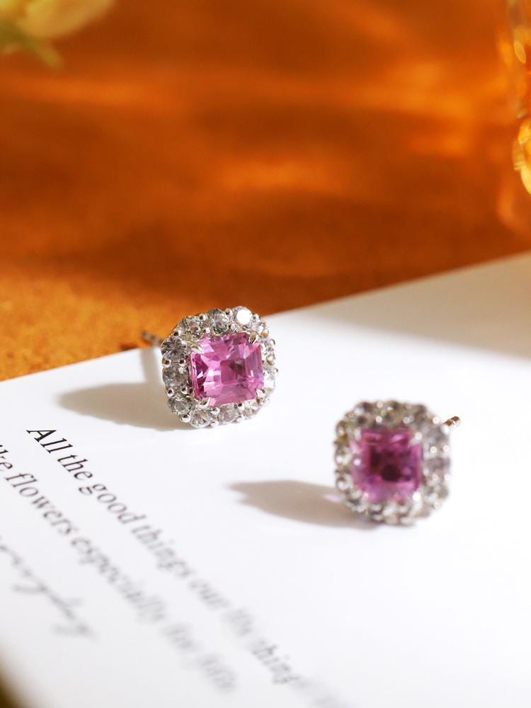 Padparadscha Sapphire & Diamond Halo Earrings - Platinum 950