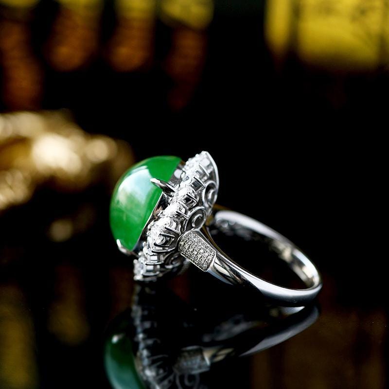 Huge Green Jade Cabochon Halo Diamonds 18K Ring & Necklace