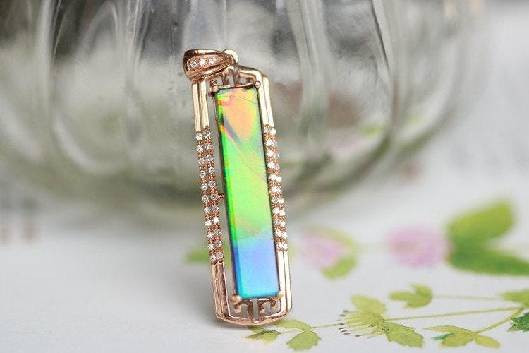 25x5mm Ammolite & Halo Diamond Pendant in 18K Yellow Gold