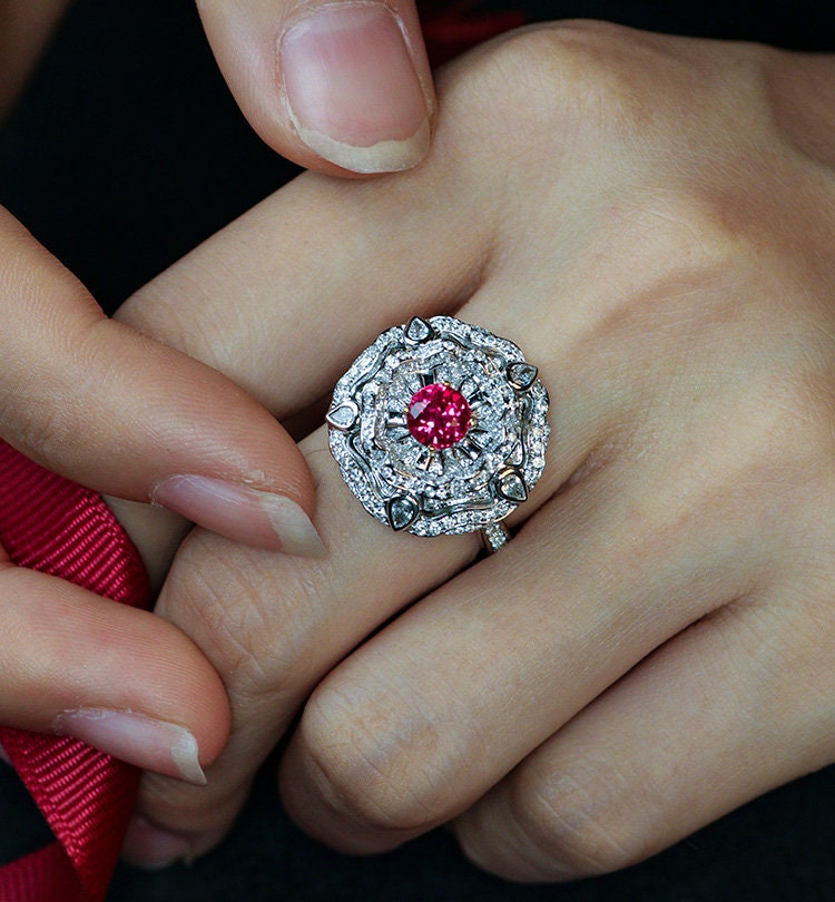 1.03ct Pigeon Blood Ruby Statement Ring in 18K White Gold