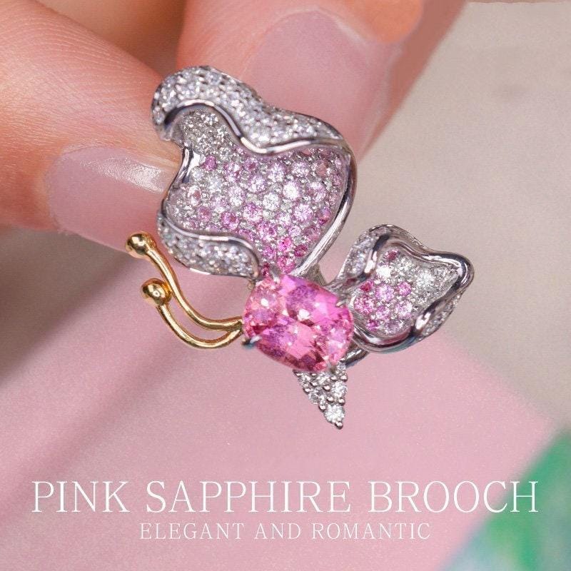 Butterfly Pink Sapphire 18K White Gold Brooch with Full Diamonds Pave