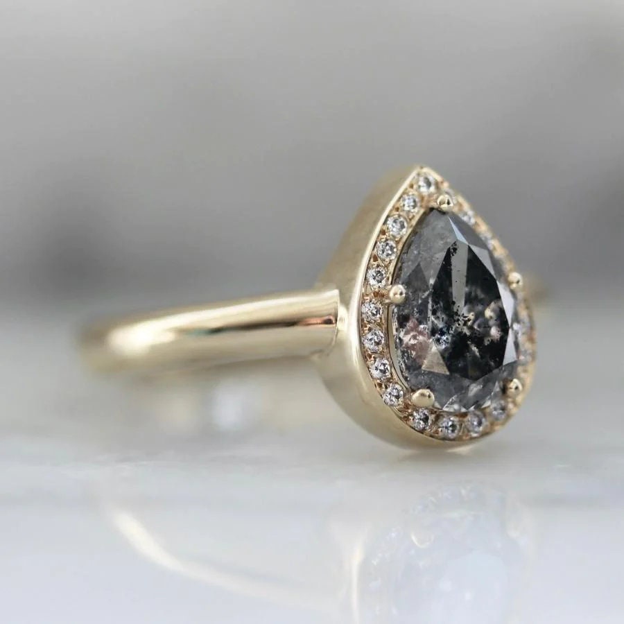 Halo Salt & Pepper Pear Cut 18K Yellow Gold Engagement Ring
