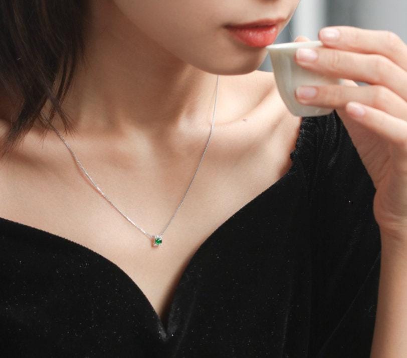 Emerald Cabochon & Diamond 18K White Gold Necklace