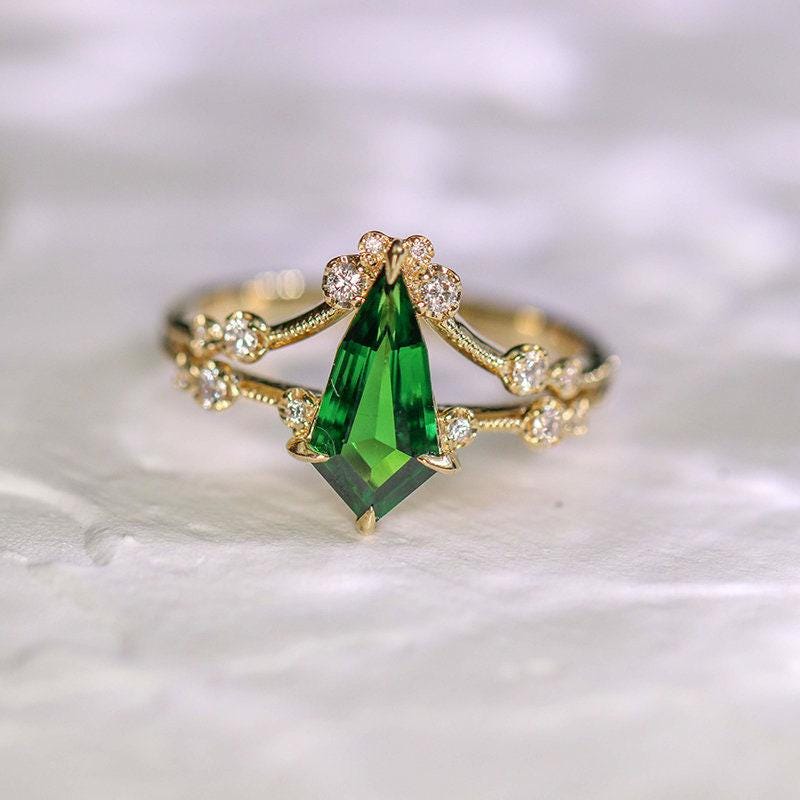Tsavorite Kite Cut & Diamond Ring in 18K Yellow Gold