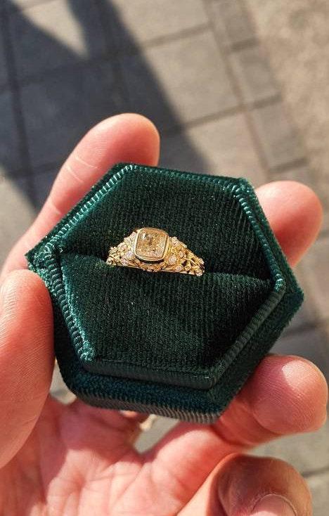 Bright Cushion Diamond Engraved Ring in 18K Yellow Gold