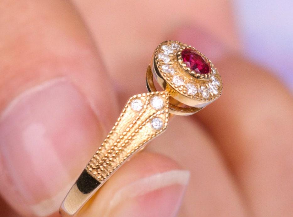 Byzantine Style 18K Gold Ring with Jedi Spinel & Diamonds
