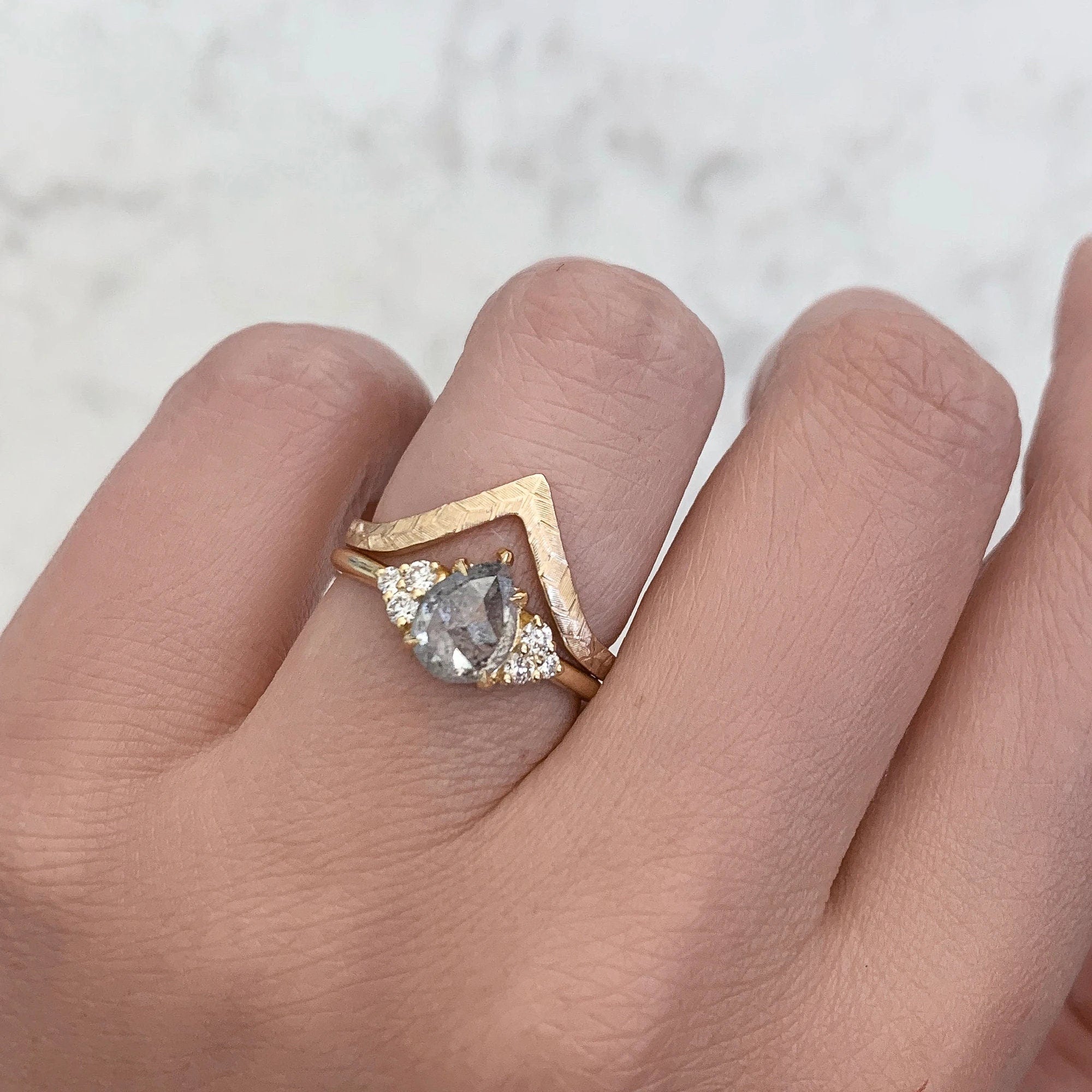 1.25ct Salt & Pepper Pear Rose Cut 18K Gold Wedding Ring