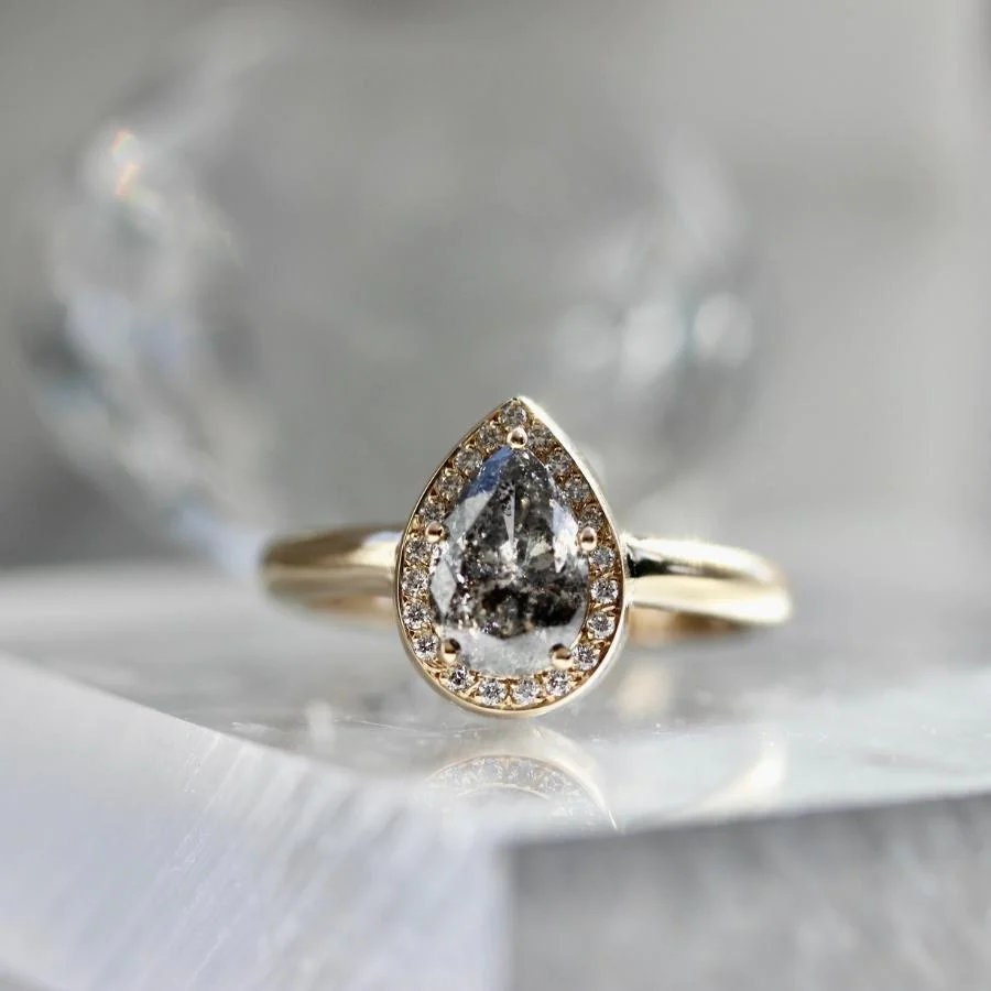 Halo Salt & Pepper Pear Cut 18K Yellow Gold Engagement Ring