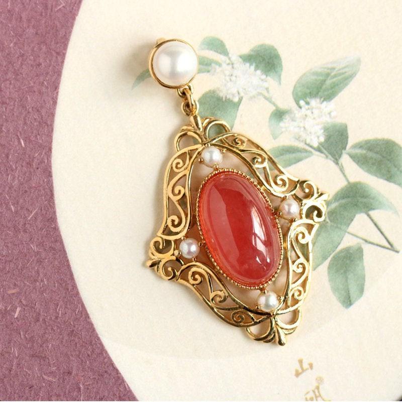 Hollow Out Design Rhodochrosite 18K Yellow Gold Pendant set with Akoya Pearl