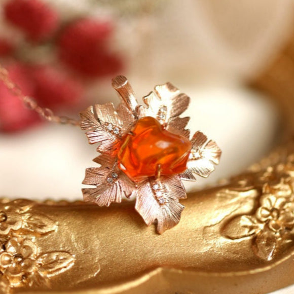 Leaf Design 1.98ct Fire Opal Diamond 18K Rose Gold Necklace