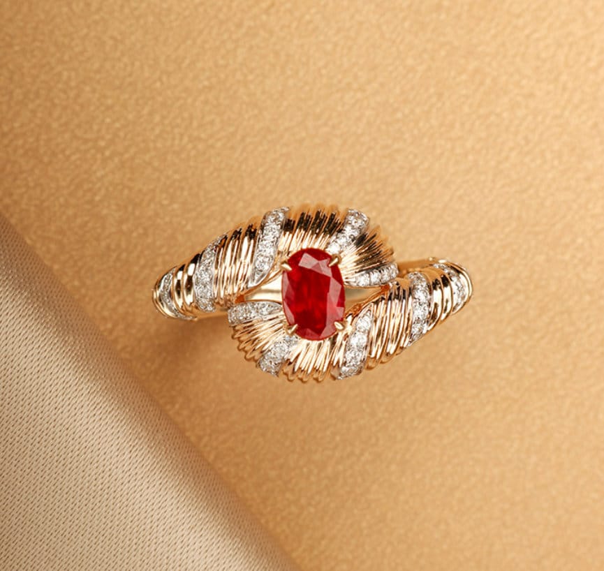 Eye of Providence Ruby Ring in 18K Gold Italian Engraved Ring
