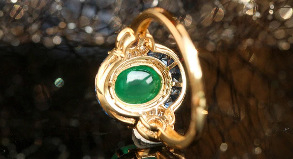 1.7ct Emerald Cabochon & Sapphire Art Deco Ring in 18K Yellow Gold
