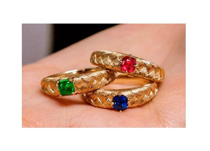 Brush Twisted Emerald Sapphire Ruby Ring in 18K Gold