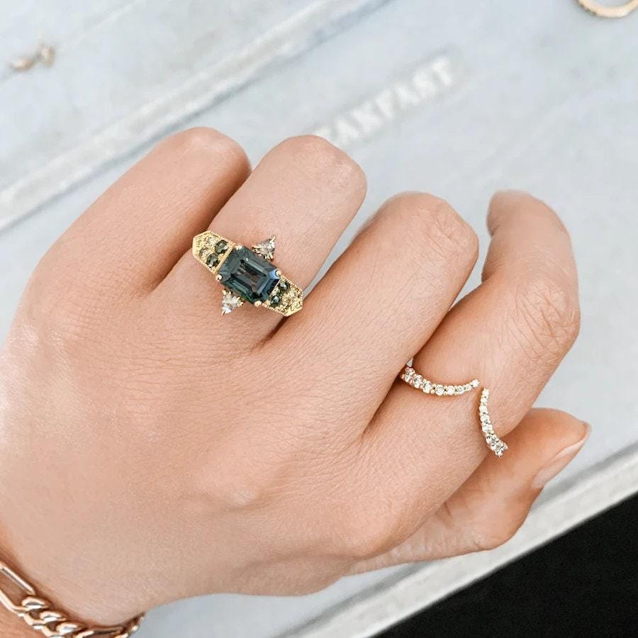 1.97ct Emerald Cut Teal Spinel & Diamond Ring in 18K Yellow Gold
