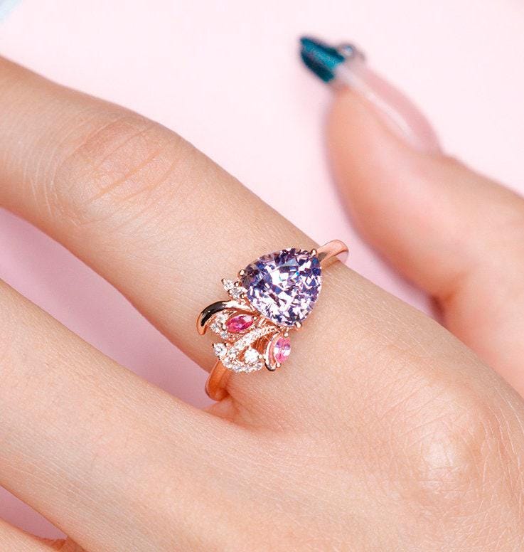 1.5ct Purple Spinel Trillion Ring wtih Diamonds in 18K Rose Gold