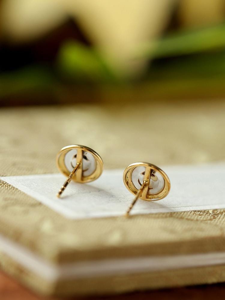 White Jade & Diamond Stud Earrings with Brush Finish in 18K Gold