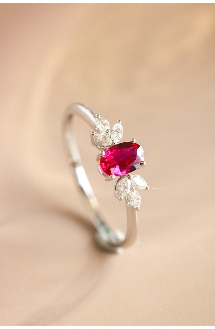 Ruby Marquise Diamond Cluster Ring in 18K White Gold
