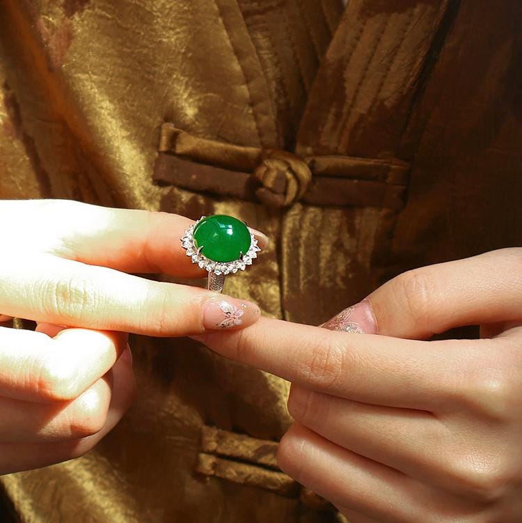 Huge Green Jade Cabochon Halo Diamonds 18K Ring & Necklace